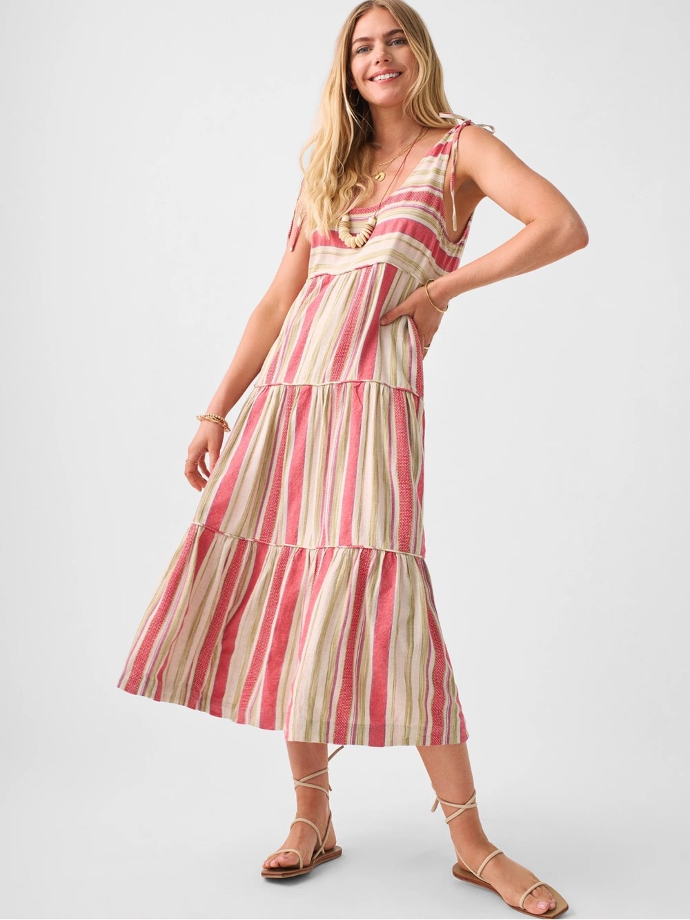 Faherty Lanai Pink & Cream Striped Tiered Maxi Dress
